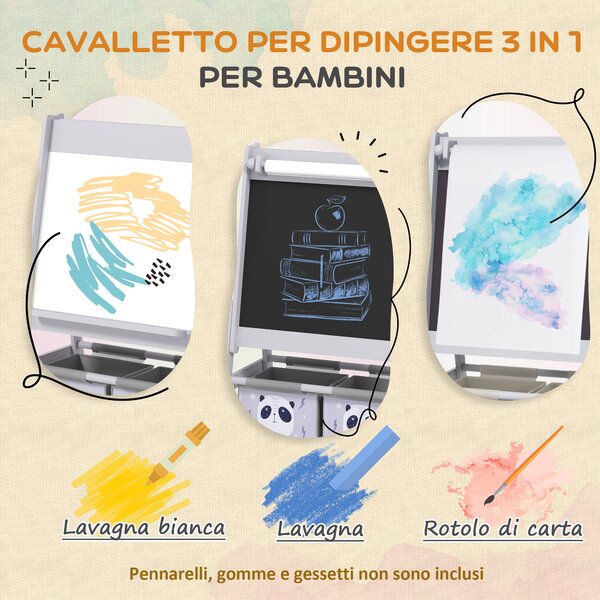 AIYAPLAY Lavagna per Bambini con Cavalletto 3 in 1 e 2 Contenitori, Età 3-8 anni, 54x46.5x93cm, Grigio | Aosom Italy