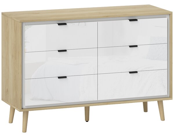 HOMCOM Cassettiera con 6 Cassetti in Legno per Camera da Letto, 110x40x75 cm, Bianco Lucido e Rovere | Aosom Italy