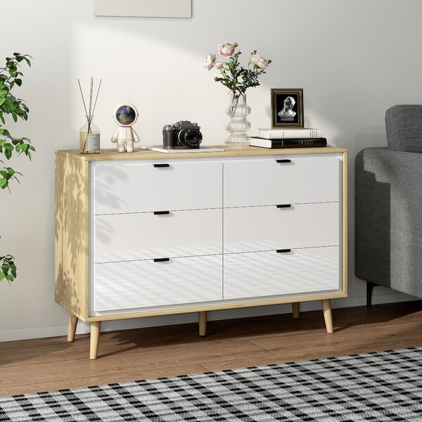 HOMCOM Cassettiera con 6 Cassetti in Legno per Camera da Letto, 110x40x75 cm, Bianco Lucido e Rovere | Aosom Italy