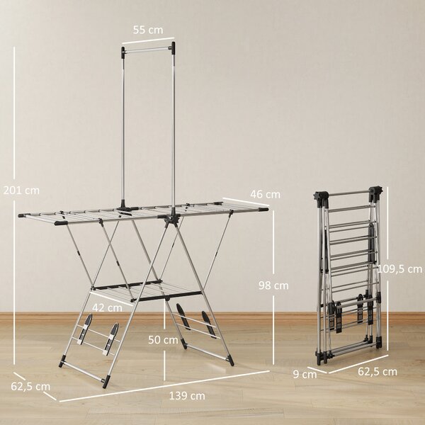 HOMCOM Stendibiancheria da Pavimento Pieghevole con Ali Regolabili a 5 Livelli, 139x62.5x201 cm, Argento | Aosom Italy