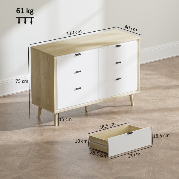 HOMCOM Cassettiera con 6 Cassetti in Legno per Camera da Letto, 110x40x75 cm, Bianco Lucido e Rovere | Aosom Italy