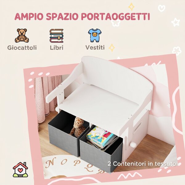 AIYAPLAY 3 in 1 Panca Porta Giochi per Bambini 3-6 Anni, Convertibile in Tavolo e Sedia con 2 Contenitori, Bianco | Aosom Italy