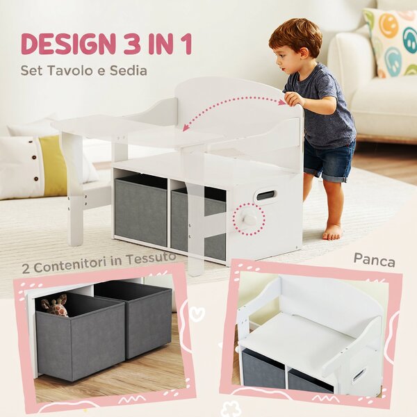 AIYAPLAY 3 in 1 Panca Porta Giochi per Bambini 3-6 Anni, Convertibile in Tavolo e Sedia con 2 Contenitori, Bianco | Aosom Italy