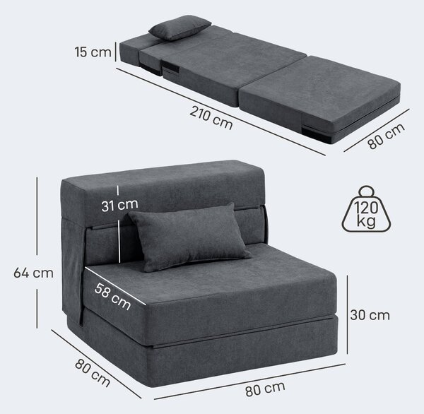 HOMCOM Poltrona Letto Convertibile con cuscino in Chaise Longue e Materasso, 80x80x64 cm, Grigio Scuro | Aosom Italy