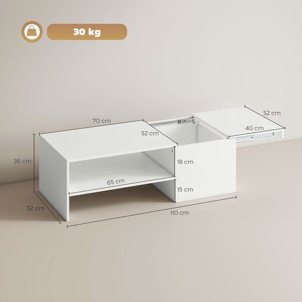 HOMCOM Tavolino da Caffè in Legno con Piano Scorrevole e Ripiano Aperto e a Scomparsa, 110x52x36 cm, Bianco | Aosom Italy