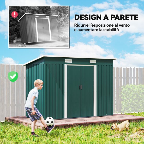 Outsunny Casetta da Giardino con Porte Scorrevoli Doppie e 2 Prese d'Aria, Capanno Attrezzi in Acciaio 272 x 134 cm, Verde | Aosom Italy
