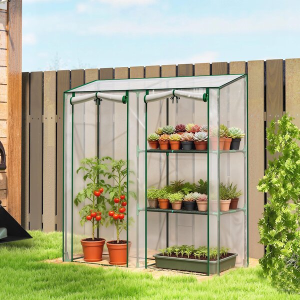 Outsunny Serra Verticale a 2 Sezioni con 3 Ripiani, in Plastica e Acciaio, 143x45x151 cm, Verde Scuro e Trasparente | Aosom Italy