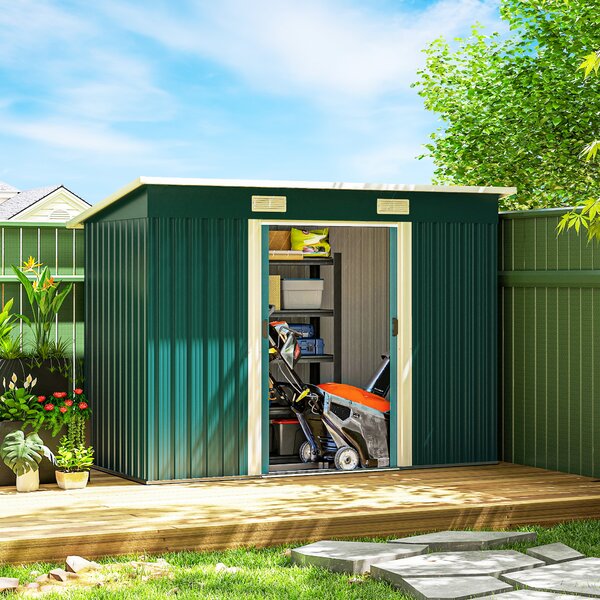 Outsunny Casetta da Giardino con Porte Scorrevoli Doppie e 2 Prese d'Aria, Capanno Attrezzi in Acciaio 272 x 134 cm, Verde | Aosom Italy