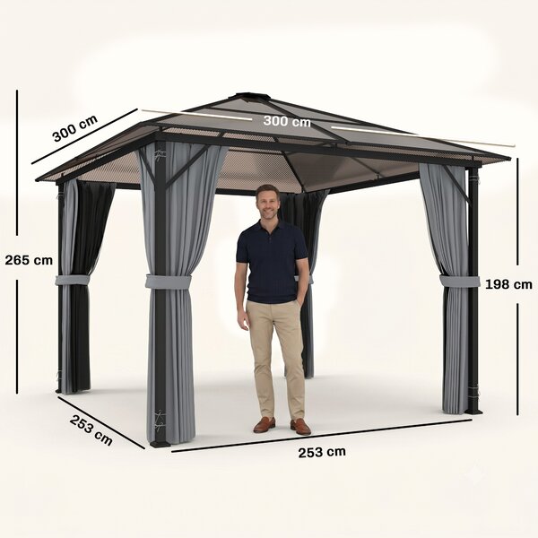 Outsunny Gazebo Esterno con Tetto Rigido, 3x3 m, Grigio Scuro | Aosom Italy
