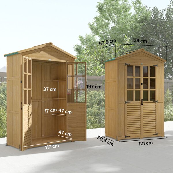 Outsunny Armadio da Giardino in Legno con Finestre Trasparenti, 128x57.5x197 cm, Marrone Chiaro | Aosom Italy