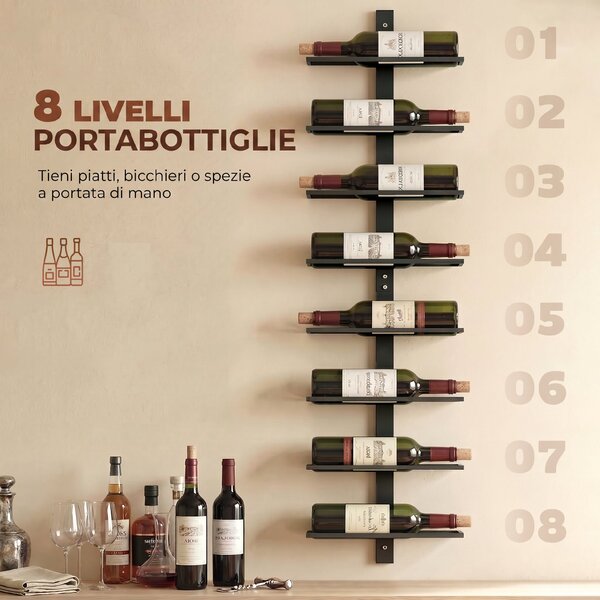 HOMCOM Portabottiglie da Parete per 8 Bottiglie, Vino Cucina e Sala da Pranzo, Nero | Aosom Italy