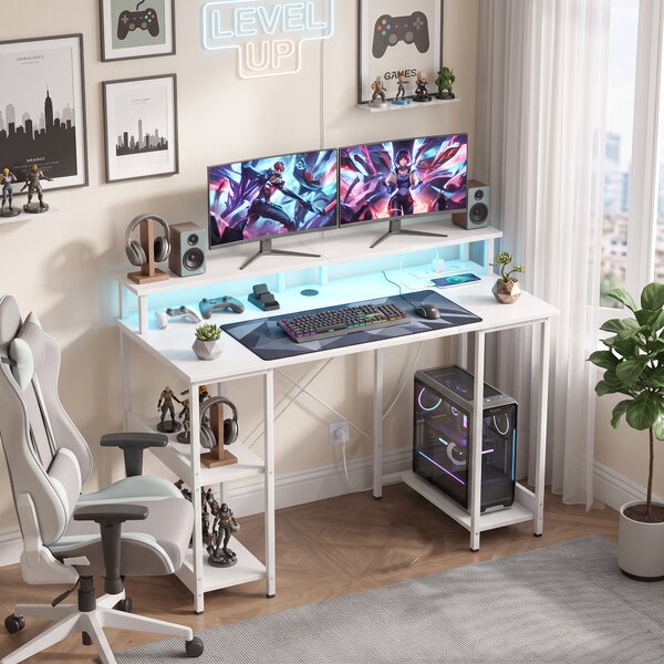 HOMCOM Scrivania per Computer Reversibile Ripiani, 120x50 cm, con Prese Elettriche e Luci LED, Bianco Effetto Legno | Aosom Italy