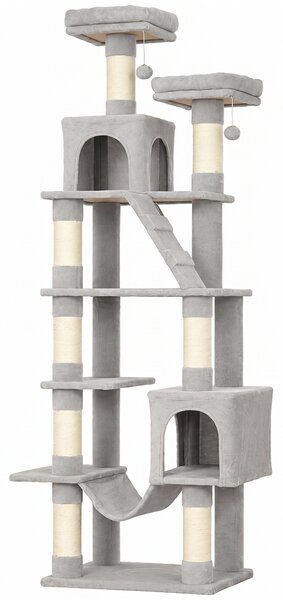 Tiragraffi per Gatti Grande Multilivello 60x48x204 cm con 8 Pali in Sisal 2 Casette e Amaca in Truciolare e Peluche Grigio Chiaro