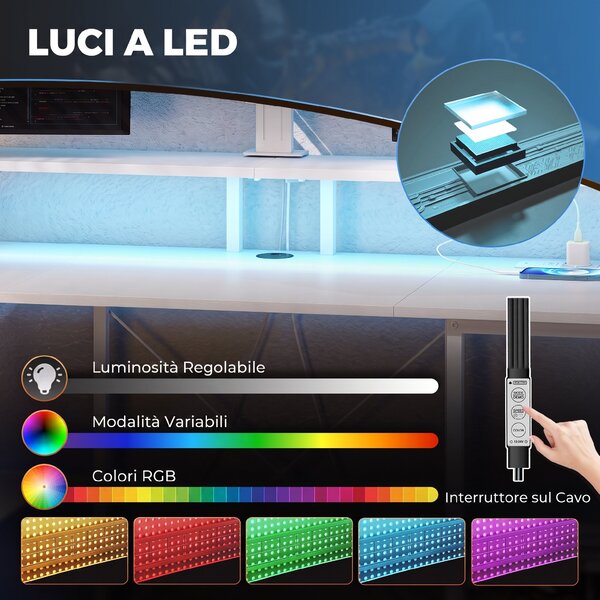 HOMCOM Scrivania per Computer Reversibile Ripiani, 120x50 cm, con Prese Elettriche e Luci LED, Bianco Effetto Legno | Aosom Italy