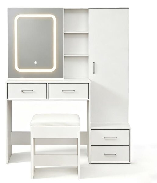 Tavolino da trucco LED Zelurxx con specchio scorrevole, 3 tonalità di luce, 4 cassetti, ampio spazio di stoccaggio, include sgabello, larghezza 654 mm, bianco