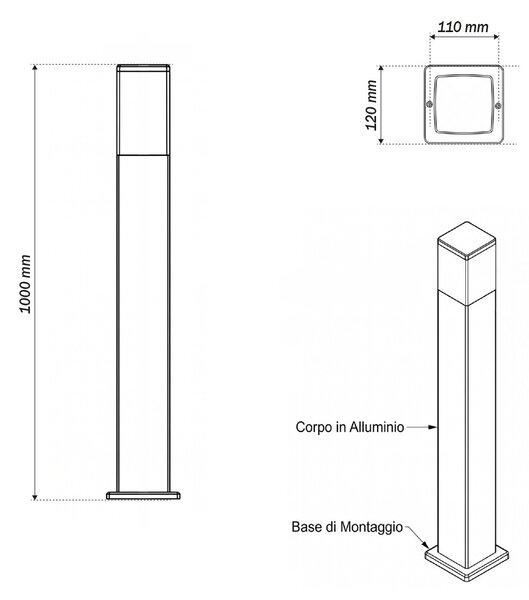 Paletto da Giardino 100cm Quadrato acciaio INOX Nero IP54 IK06 base E27