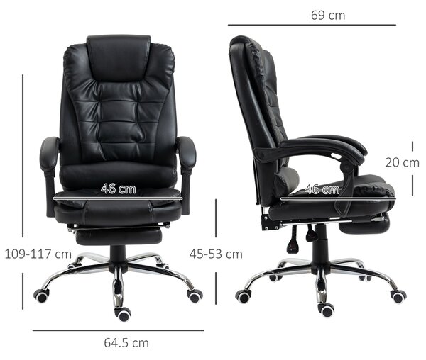 HOMCOM Sedia da Ufficio ad Altezza Regolabile con Schienale Reclinabile e Poggiapiedi, 64.5x69x117-127 cm, Nero|Aosom