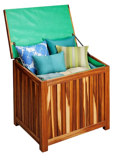 Relaxdays, scatola da giardino, cuscino per seduta, attrezzi, 60x60x50 cm, legno di acacia, rivestimento impermeabile, ideale per balcone, cassetta da giardino, stile naturale