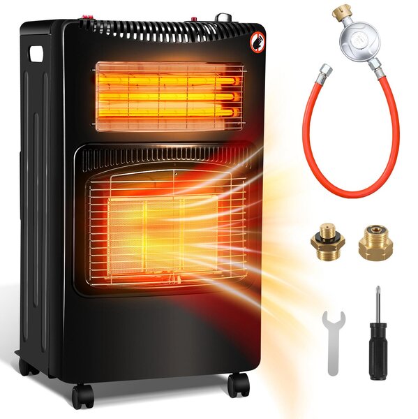 Stufa 2-in-1 a gas e elettrica Vigevee, 4200W/1200W, con elementi riscaldanti in Vetroceramica e quarzo, 3 livelli di potenza a gas, sistema di accensione elettronica (ODS), 4 ruote, inclusi 2 adattatori per prese europee