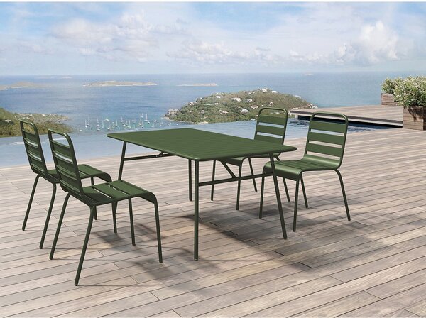 Sala da pranzo da giardino in Metallo Kaki MIRMANDE: un tavolo L.160 cm e 4 sedie impilabili