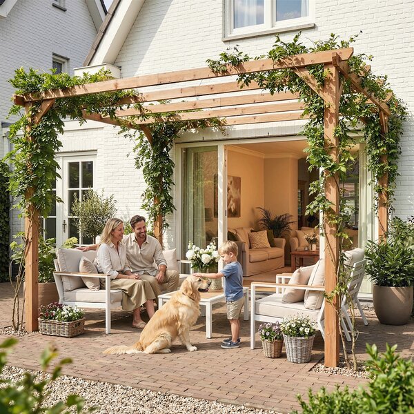 Pergola da Giardino 3x3 m con Supporti Triangolari e 5 Travi in Legno di Abete Colore Legno