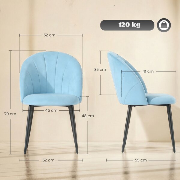 HOMCOM Set 2 Sedie da Pranzo Imbottite con Schienale a Conchiglia in Velluto, 52x55x79 cm, Azzurro | Aosom Italy