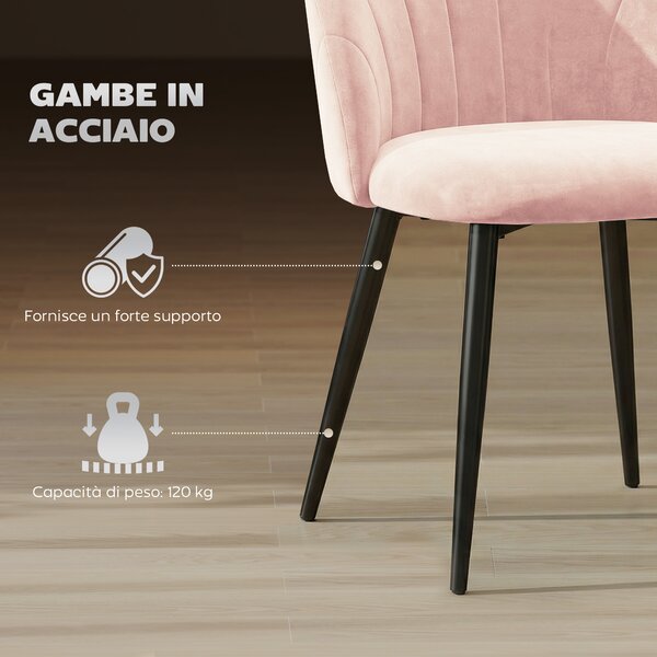HOMCOM Set 2 Sedie da Pranzo Imbottite con Schienale a Conchiglia in Velluto, 52x55x79 cm, Rosa | Aosom Italy