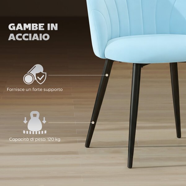 HOMCOM Set 2 Sedie da Pranzo Imbottite con Schienale a Conchiglia in Velluto, 52x55x79 cm, Azzurro | Aosom Italy