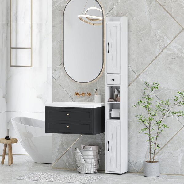 HOMCOM Mobiletto da bagno alto a colonna con 2 ante, cassetto e ripiani regolabili, 20x20x185 cm, Bianco | Aosom Italy