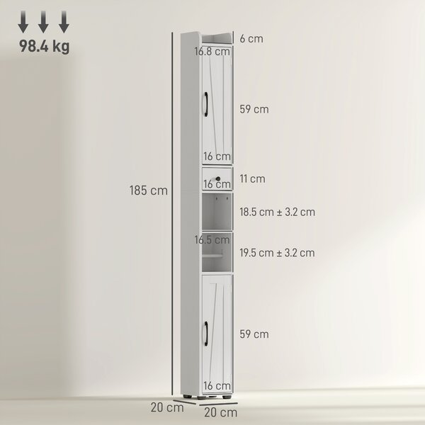 HOMCOM Mobiletto da bagno alto a colonna con 2 ante, cassetto e ripiani regolabili, 20x20x185 cm, Bianco | Aosom Italy
