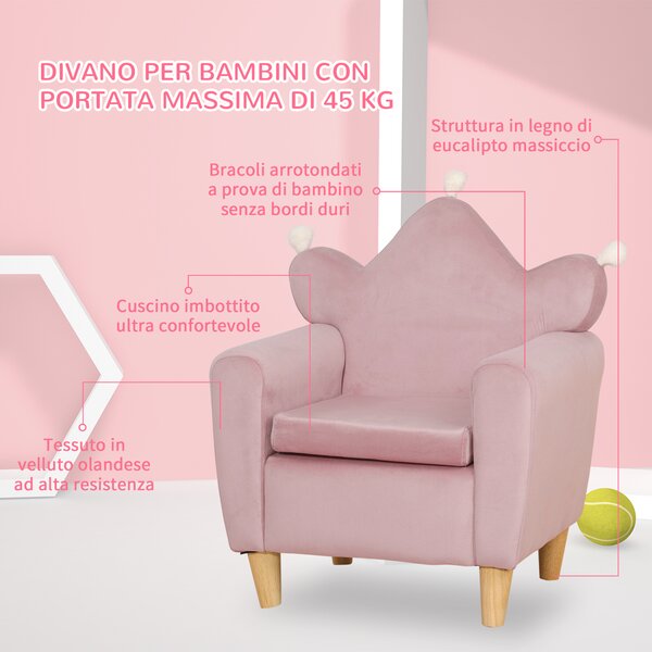 HOMCOM Poltrona per Bambini in Tessuto Effetto Velluto Rosa con Schienale a Corona, 50.2x41.9x57.8 cm | Aosom Italy