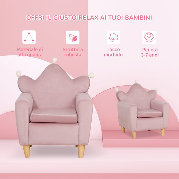 HOMCOM Poltrona per Bambini in Tessuto Effetto Velluto Rosa con Schienale a Corona, 50.2x41.9x57.8 cm | Aosom Italy