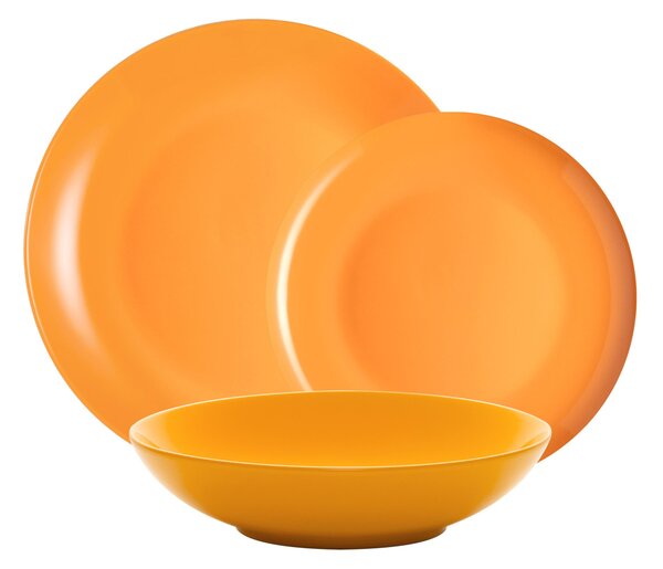 Servizio piatti 18 pezzi 6 posti tavola in porcellana con decoro Sottosmalto Collezione Mitika lavabile in lavastoviglie colore Posillipo Arancio