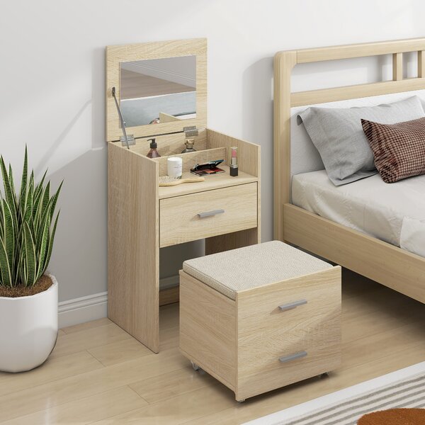 Tavolo Trucco Toeletta 50x40x113,5 cm con Specchio a Ribalta e Sgabello a Scomparsa in Legno Naturale
