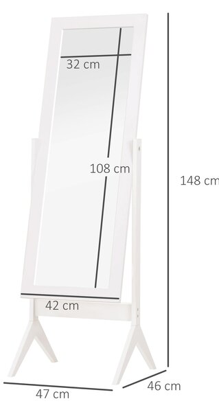 HOMCOM Specchio a Figura Intera con 4 Gambe e Angolazione Regolabile, in Legno e Vetro, 47x46x148 cm, Bianco | Aosom Italy