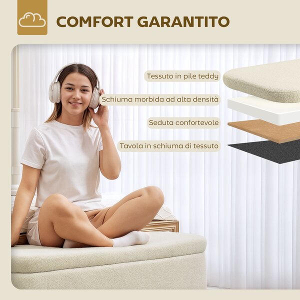 HOMCOM Panca Contenitore da 65L in Tessuto Teddy e Gambe in Legno, 120x42x45 cm, Beige | Aosom Italy