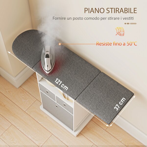 HOMCOM Mobile Asse da Stiro Pieghevole a Rotelle con Ripiano Aperto e 3 Cassetti, 121x37x89.5 cm, Bianco e Grigio | Aosom Italy