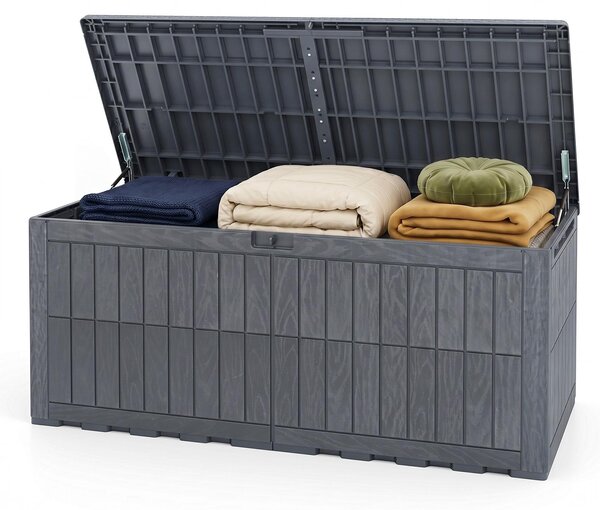 KOMFOTTEU - Contenitore resistente alle intemperie da 680 litri, scatola di stoccaggio con coperchio, dotata di ammortizzatori a gas e maniglie, 2-in-1: panchina da esterno e contenitore per cuscini, attrezzi da giardino e accessori per la piscina