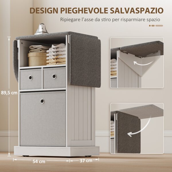 HOMCOM Mobile Asse da Stiro Pieghevole a Rotelle con Ripiano Aperto e 3 Cassetti, 121x37x89.5 cm, Bianco e Grigio | Aosom Italy