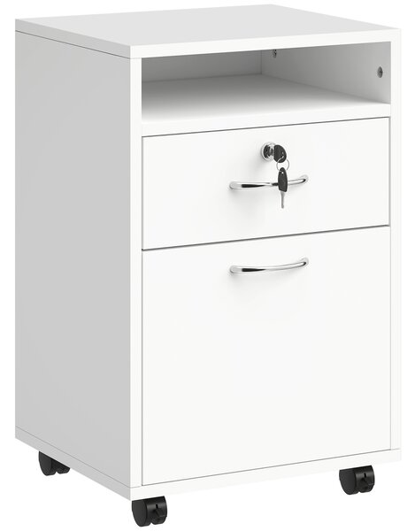 HOMCOM Cassettiera per Ufficio con 2 Chiavi, Cassetto, Armadietto e 4 Ruote Libreria Bassa in Legno Bianco, 40x35x60cm