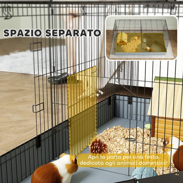 PawHut Gabbia per Animali Piccoli 2 in 1, Coperchio Rimovibile e Sezioni Separate, 121x61x61 cm, Nero
