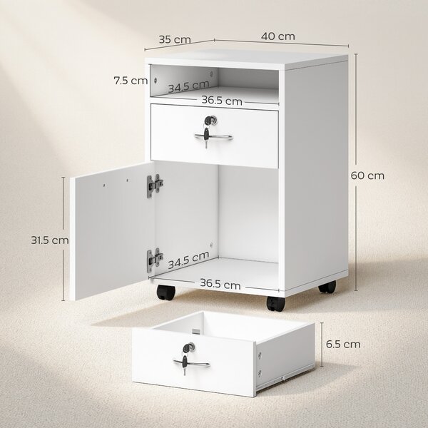 HOMCOM Cassettiera per Ufficio con 2 Chiavi, Cassetto, Armadietto e 4 Ruote Libreria Bassa in Legno Bianco, 40x35x60cm