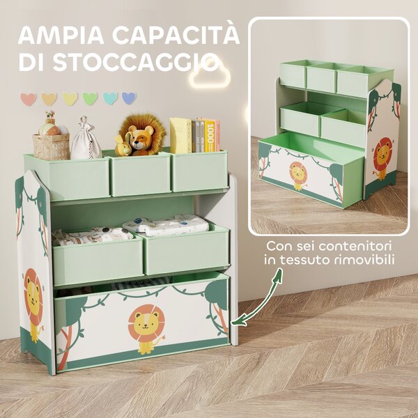 AIYAPLAY Scaffale Portagiochi Bambini a 3 Livelli con 6 Contenitori in Tessuto Rimovibili, Mobile Porta Giocattoli per Camera da Letto, Soggiorno e Camera dei Giochi, Verde | Aosom Italy