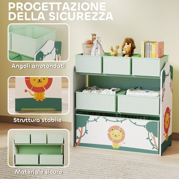 AIYAPLAY Scaffale Portagiochi Bambini a 3 Livelli con 6 Contenitori in Tessuto Rimovibili, Mobile Porta Giocattoli per Camera da Letto, Soggiorno e Camera dei Giochi, Verde | Aosom Italy