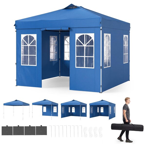 KOMFOTTEU, gazebo pop-up da giardino, dimensioni 3 x 3 metri, con struttura regolabile in altezza e dotato di 4 pareti laterali (blu)