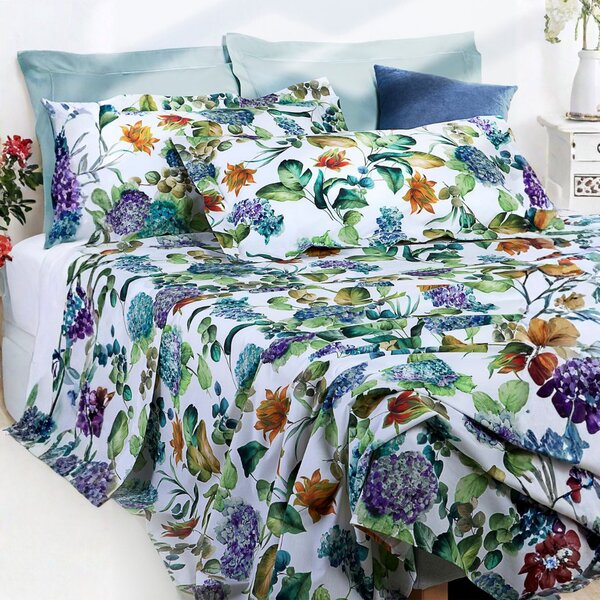 Completo Lenzuola In Percalle Hydrangea-jungle Matrimoniale - 250X290 175X205 + 2 Federe 50X80 Emporium Floreale Bianco Caleffi