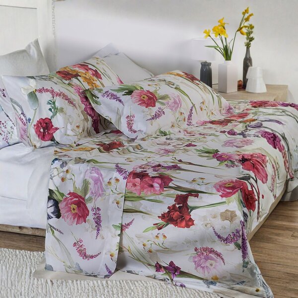 Completo Lenzuola In Percalle Charming Flowers Matrimoniale - 250X290 175X205 + 2 Federe 50X80 Emporium Floreale Bianco Caleffi