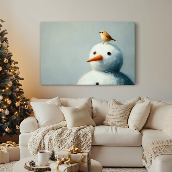 Quadro su tela – Pupazzo di neve natalizio con uccellino