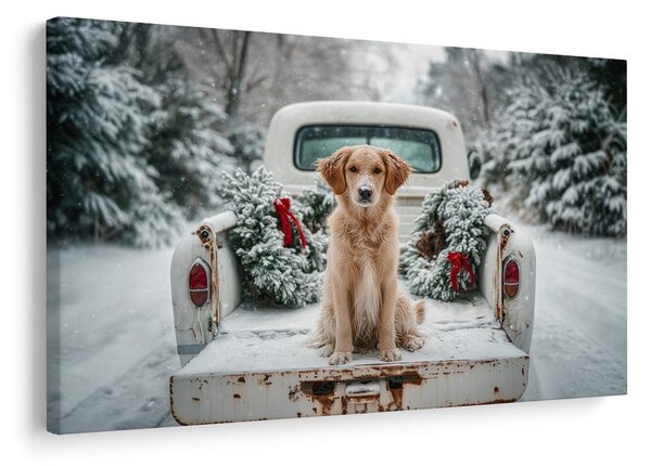 Quadro su tela – Cane natalizio su strada innevata