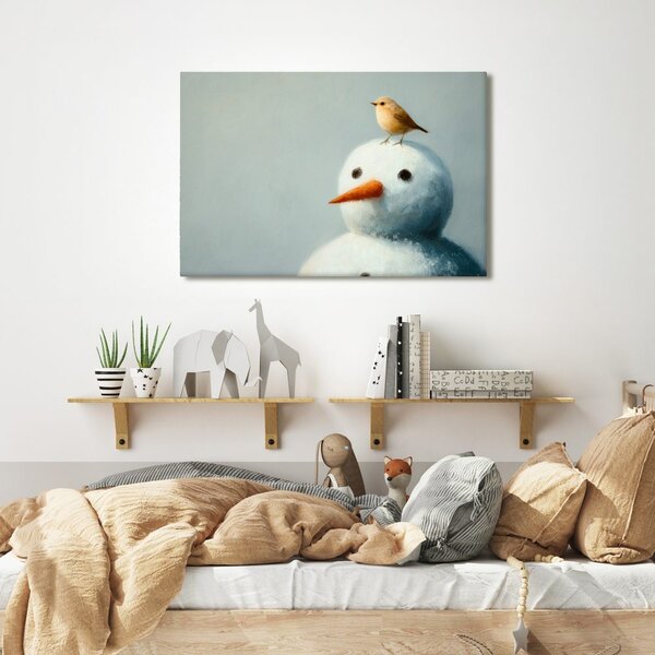 Quadro su tela – Pupazzo di neve natalizio con uccellino